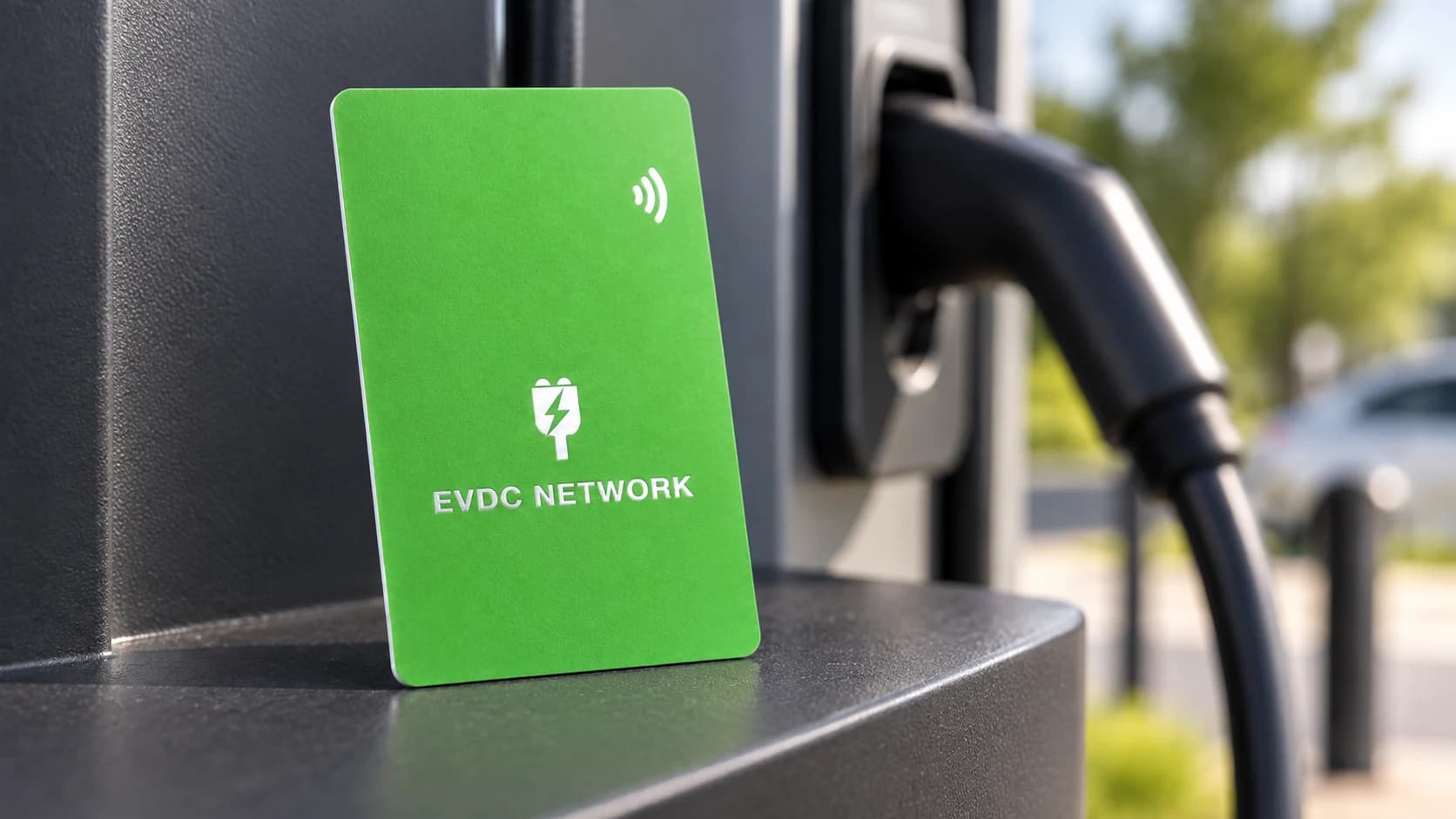 Digital rendering of the EVDC Network RFID charging card at a charging station